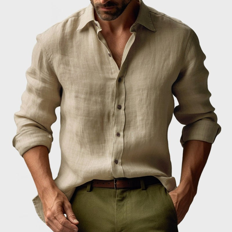 Benjamin | Men's Linen Shirt with Button-Down Collar, Long Sleeves Casual Shirt | Animated Apparel | Khaki