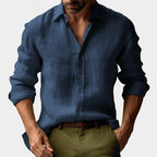 Benjamin | Men's Linen Shirt with Button-Down Collar, Long Sleeves Casual Shirt | Animated Apparel | Navy Blue