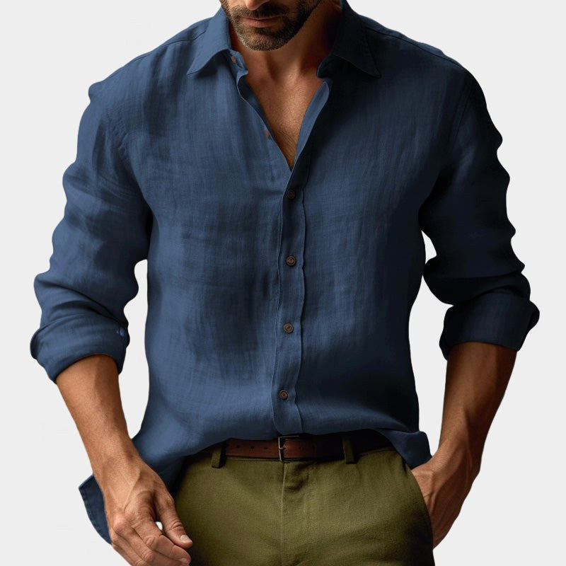 Benjamin | Men's Linen Shirt with Button-Down Collar, Long Sleeves Casual Shirt | Animated Apparel | Navy Blue