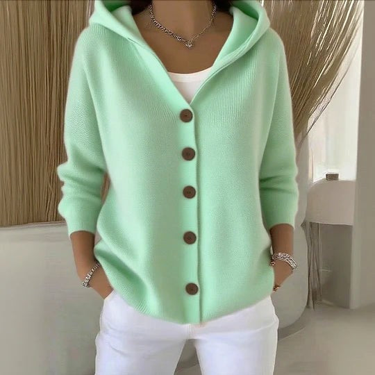 Berenice | Women's Long Sleeve Hooded Cardigan, A-Line Knit Cardigan | Animated Apparel | Yellow