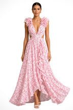 Bernadette | Women's Floral Maxi Dress with V-Neck and Ruffled Shoulders, Wedding Guest Dress | Animated Apparel | Pink