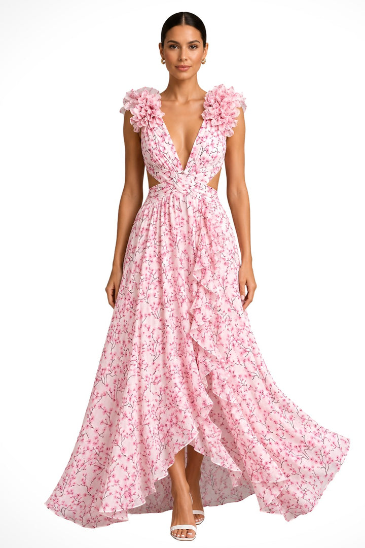 Bernadette | Women's Floral Maxi Dress with V-Neck and Ruffled Shoulders, Wedding Guest Dress | Animated Apparel | Pink
