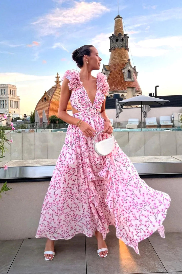 Bernadette | Women's Floral Maxi Dress with V-Neck and Ruffled Shoulders, Wedding Guest Dress | Animated Apparel | Orange