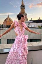 Bernadette | Women's Floral Maxi Dress with V-Neck and Ruffled Shoulders, Wedding Guest Dress | Animated Apparel