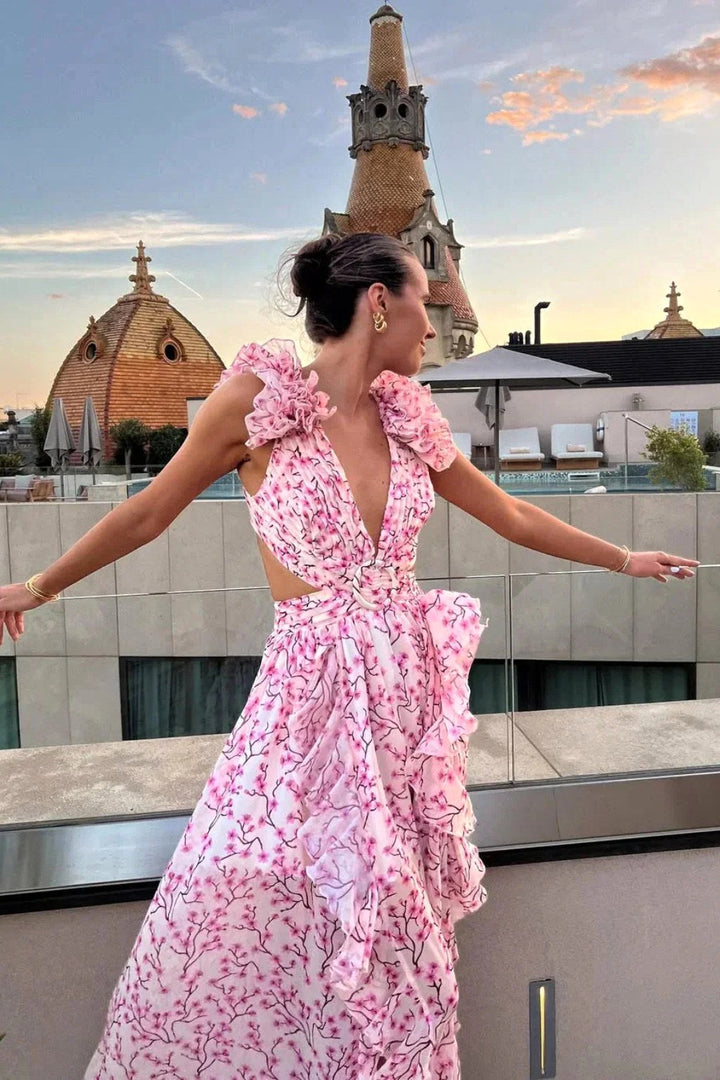 Bernadette | Women's Floral Maxi Dress with V-Neck and Ruffled Shoulders, Wedding Guest Dress | Animated Apparel