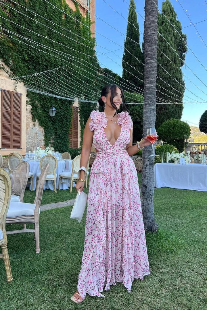 Bernadette | Women's Floral Maxi Dress with V-Neck and Ruffled Shoulders, Wedding Guest Dress | Animated Apparel