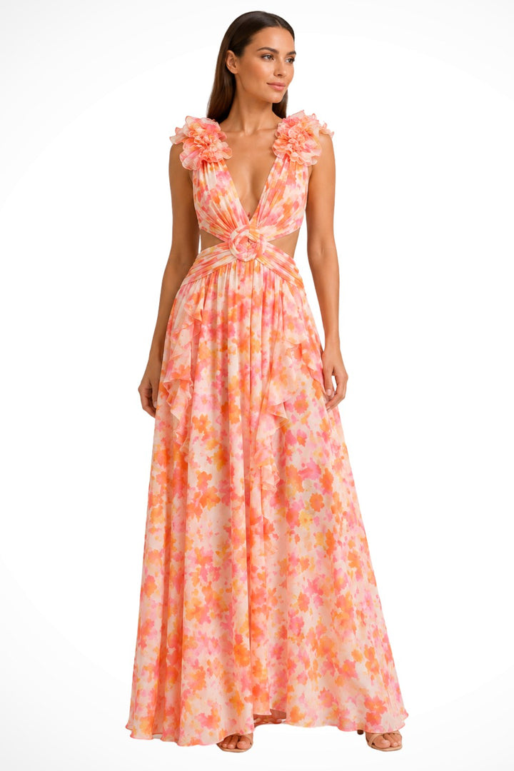 Bernadette | Women's Floral Maxi Dress with V-Neck and Ruffled Shoulders, Wedding Guest Dress | Animated Apparel