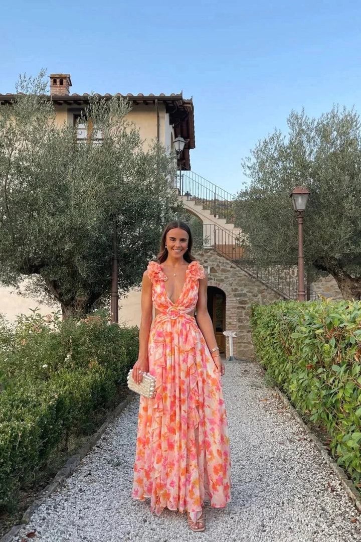 Bernadette | Women's Floral Maxi Dress with V-Neck and Ruffled Shoulders, Wedding Guest Dress | Animated Apparel