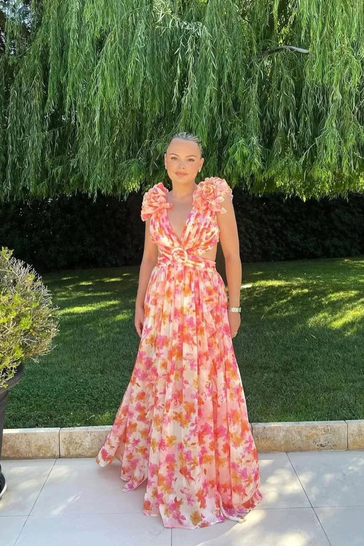 Bernadette | Women's Floral Maxi Dress with V-Neck and Ruffled Shoulders, Wedding Guest Dress | Animated Apparel