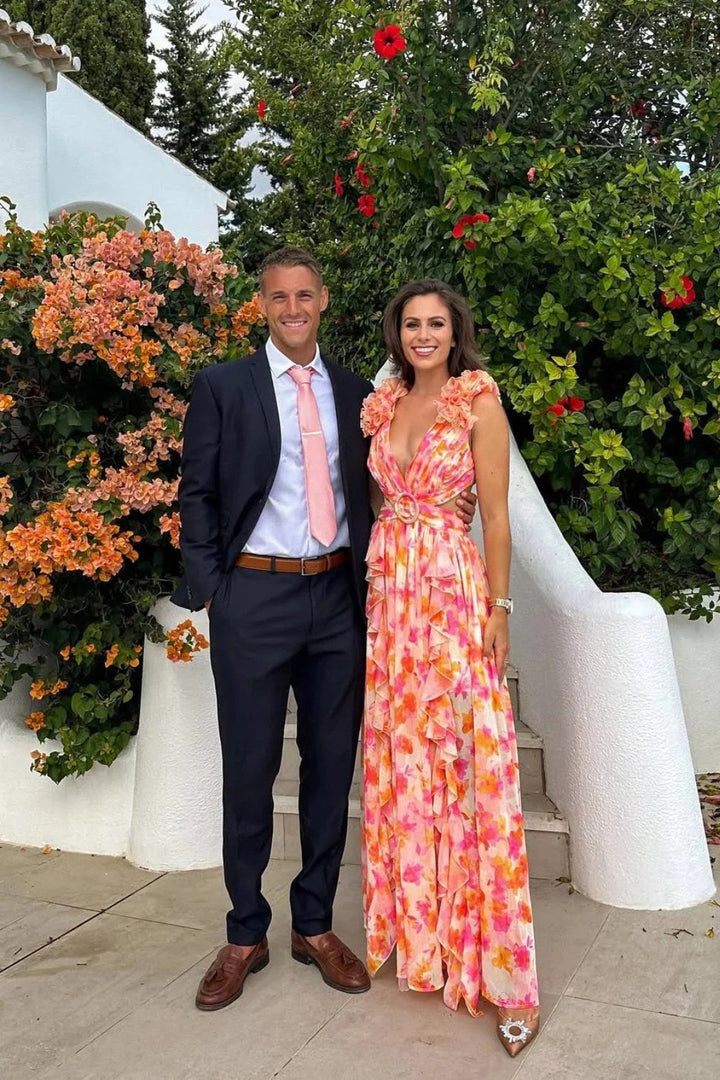 Bernadette | Women's Floral Maxi Dress with V-Neck and Ruffled Shoulders, Wedding Guest Dress | Animated Apparel