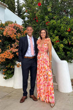 Bernadette | Women's Floral Maxi Dress with V-Neck and Ruffled Shoulders, Wedding Guest Dress | Animated Apparel