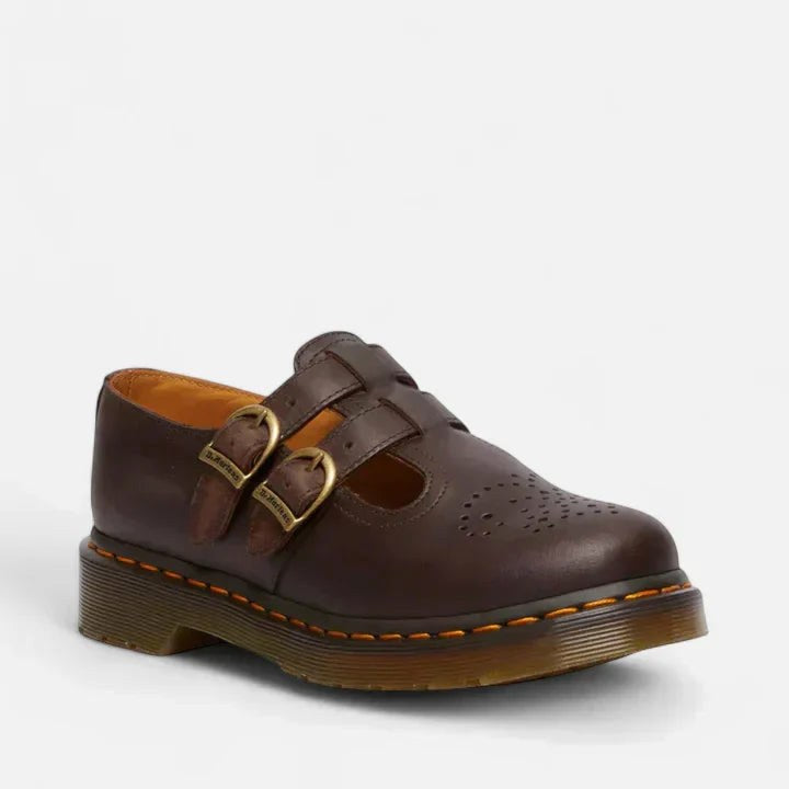 Brielle | Women's Double Buckle Leather Mary Jane Flats - Brown