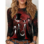 Brielle | Women's Halloween Graphic Long-Sleeve Top, Gothic Cat Print Tee | Animated Apparel | Red