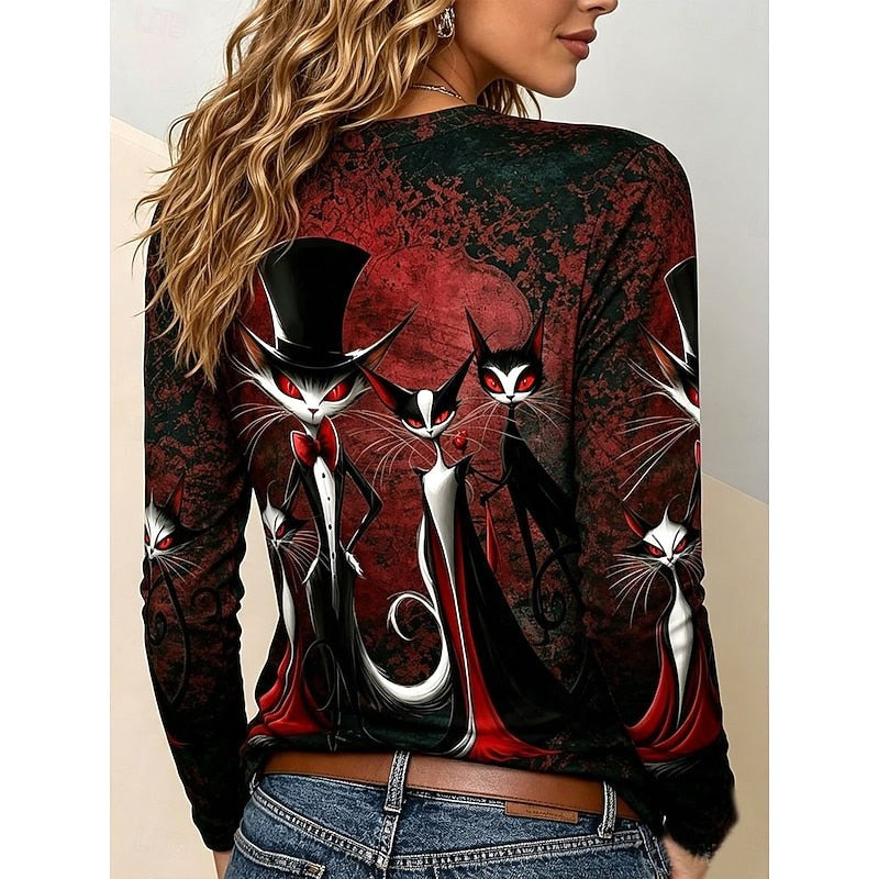 Brielle | Women's Halloween Graphic Long-Sleeve Top, Gothic Cat Print Tee | Animated Apparel | Blue