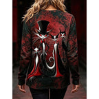 Brielle | Women's Halloween Graphic Long-Sleeve Top, Gothic Cat Print Tee | Animated Apparel | Purple