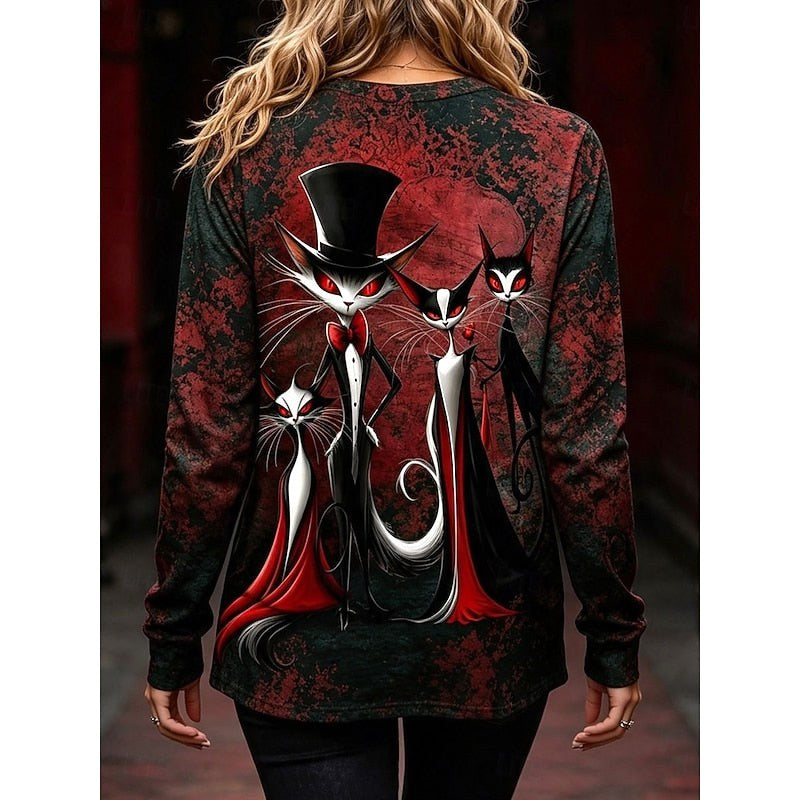 Brielle | Women's Halloween Graphic Long-Sleeve Top, Gothic Cat Print Tee | Animated Apparel | Purple