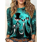 Brielle | Women's Halloween Graphic Long-Sleeve Top, Gothic Cat Print Tee | Animated Apparel