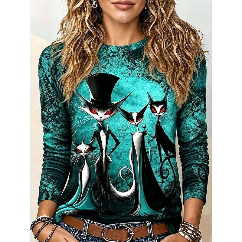 Brielle | Women's Halloween Graphic Long-Sleeve Top, Gothic Cat Print Tee | Animated Apparel