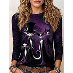 Brielle | Women's Halloween Graphic Long-Sleeve Top, Gothic Cat Print Tee | Animated Apparel