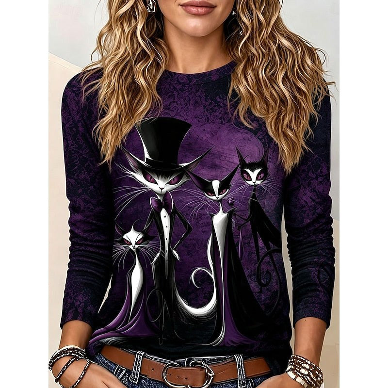 Brielle | Women's Halloween Graphic Long-Sleeve Top, Gothic Cat Print Tee | Animated Apparel