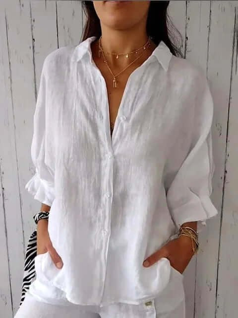 Brielle | Women's Linen Long Sleeve Blouse - Wit