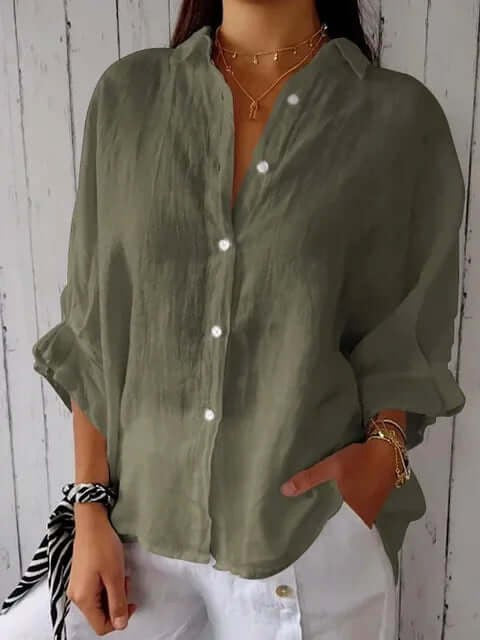 Brielle | Women's Linen Long Sleeve Blouse - Olijfgroen