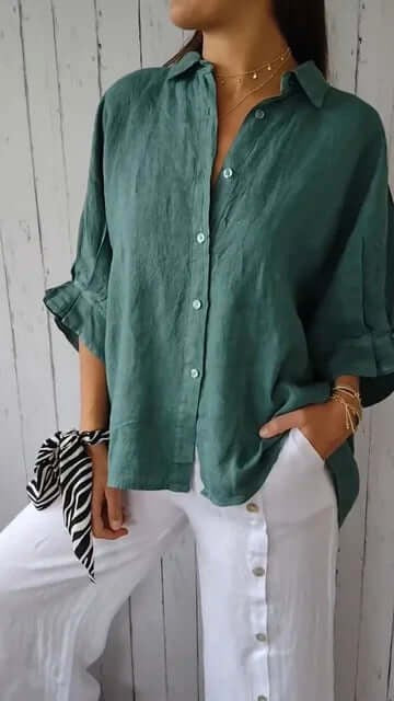 Brielle | Women's Linen Long Sleeve Blouse - Malachietgroen