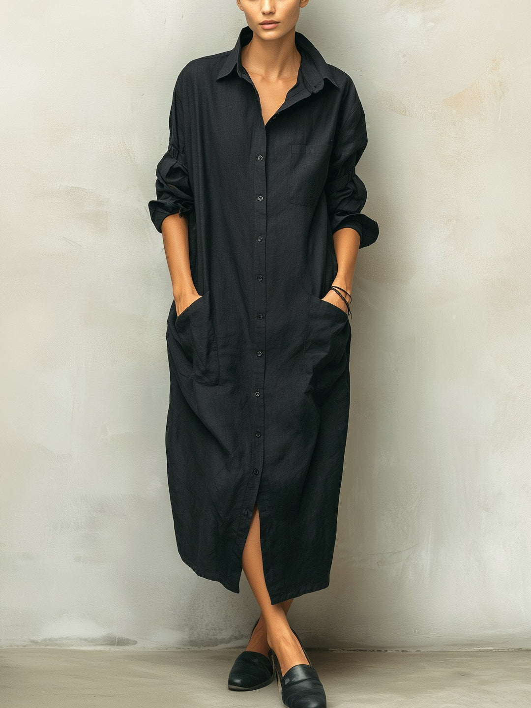 Brooke | Women's Black Cotton Linen Long Sleeve Shirt Dress - Black