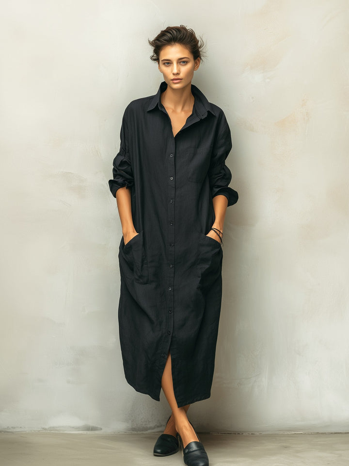 Brooke | Women's Black Cotton Linen Long Sleeve Shirt Dress - image 3