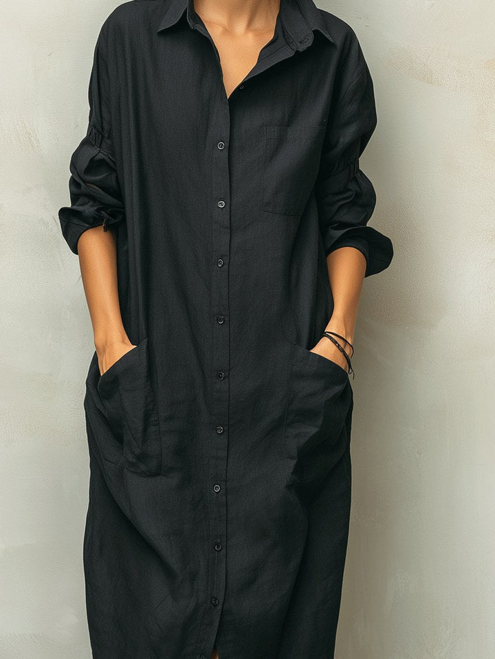 Brooke | Women's Black Cotton Linen Long Sleeve Shirt Dress - image 4