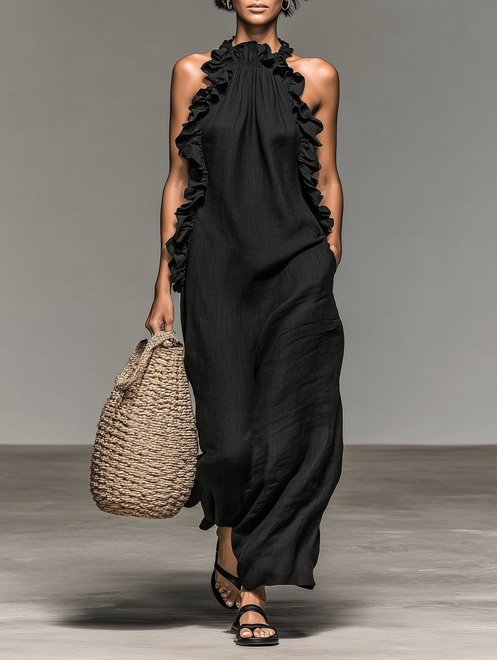 Brooke | Women's Linen-Blend Sleeveless Maxi Dress - Black