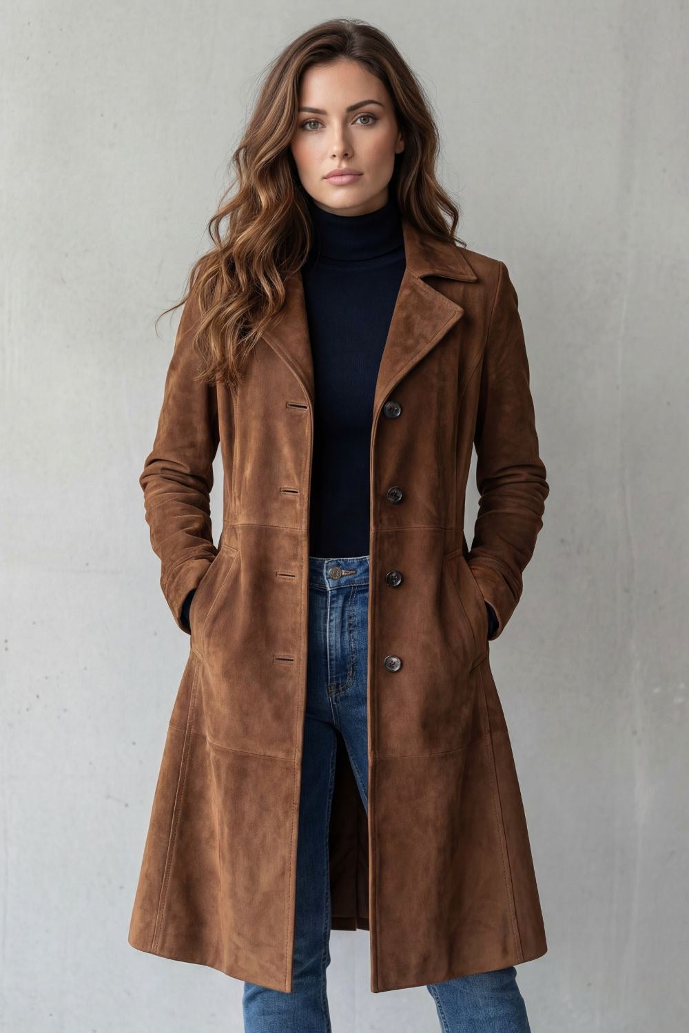 Audrey | Women's Long Button-Front Wool Coat, Tailored Winter Coat | Animated Apparel | Brown