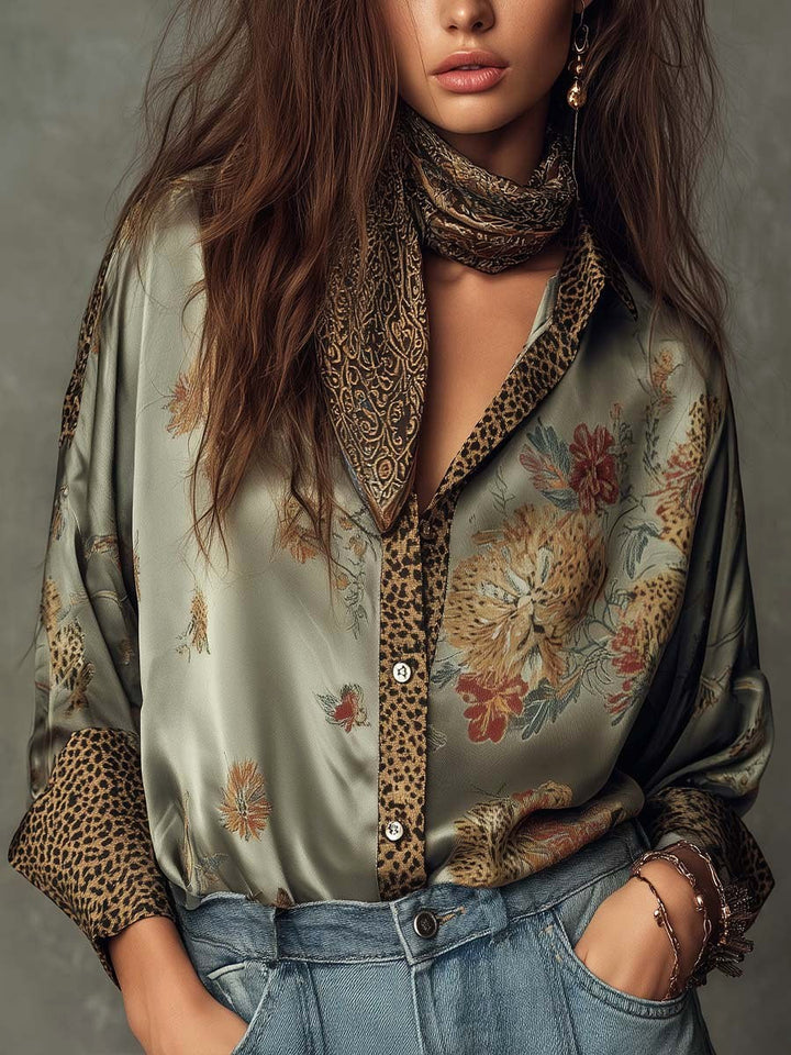 Brooke | Women's Satin Floral Button-Down Shirt - sage green