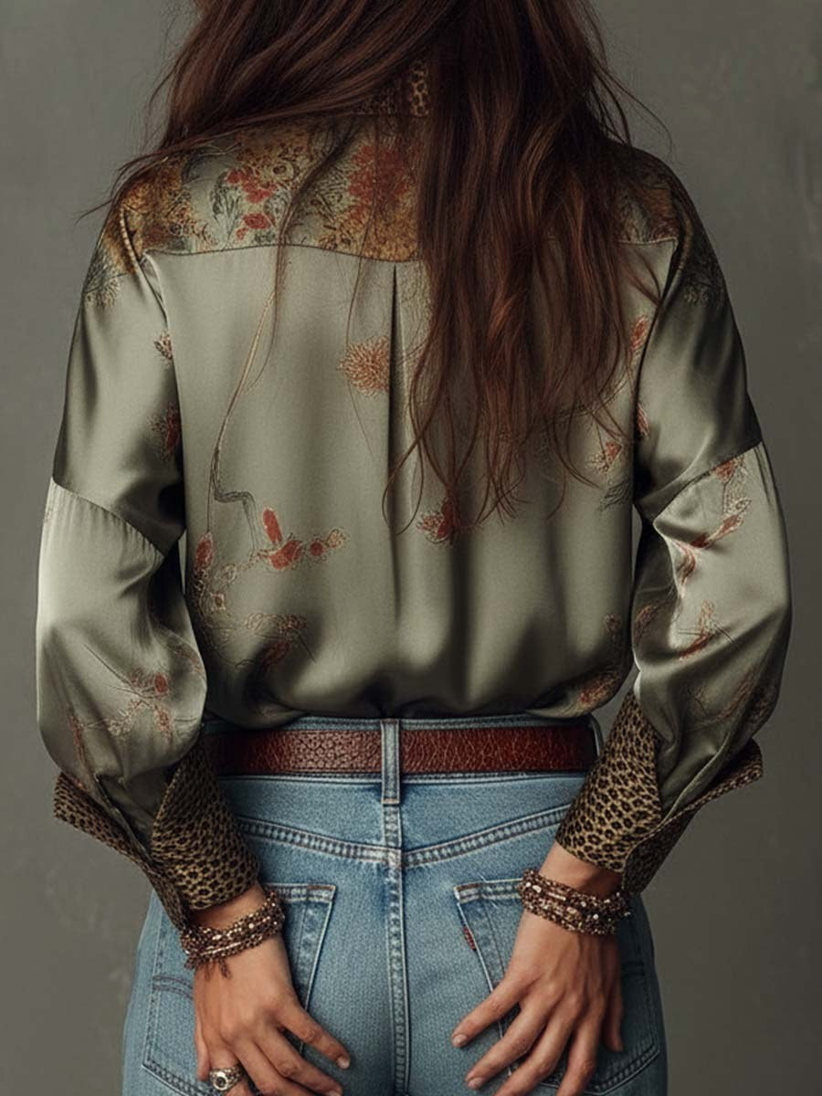 Brooke | Women's Satin Floral Button-Down Shirt - image 4