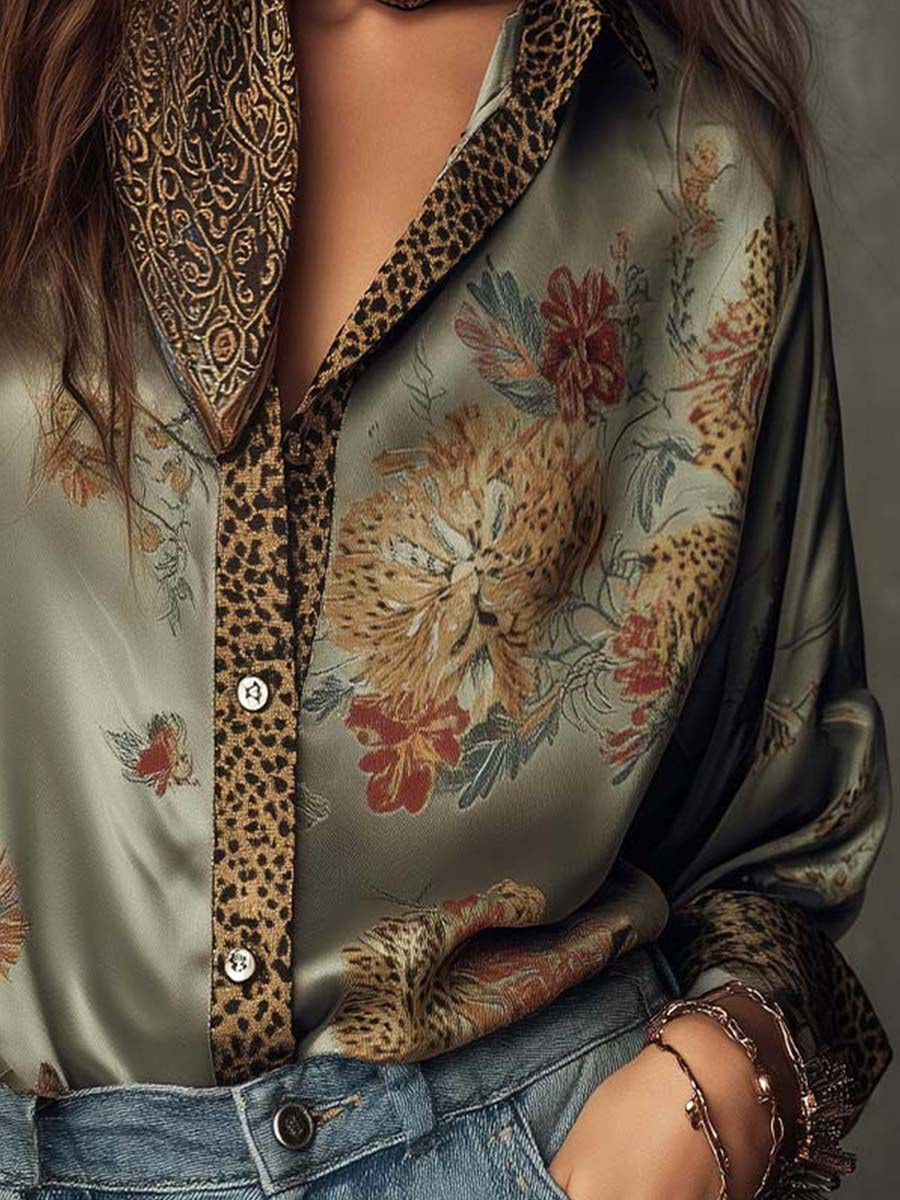 Brooke | Women's Satin Floral Button-Down Shirt - image 5