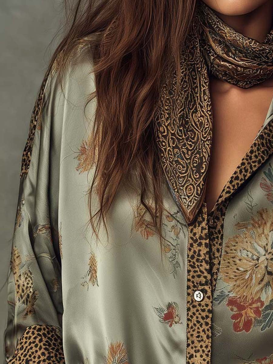 Brooke | Women's Satin Floral Button-Down Shirt - image 6