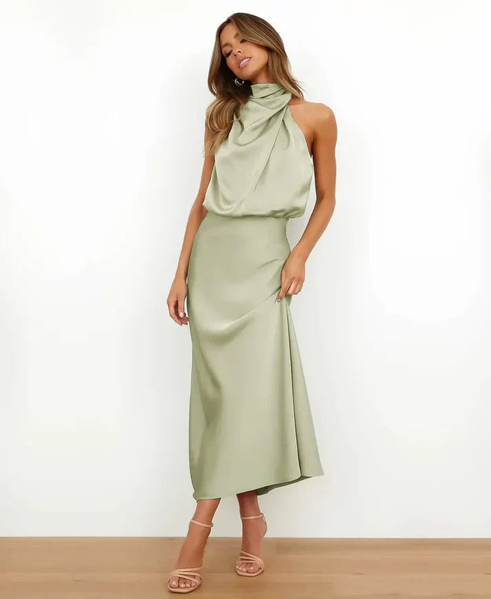 Brooke | Women's Sleeveless High-Neck Midi Dress - Peach