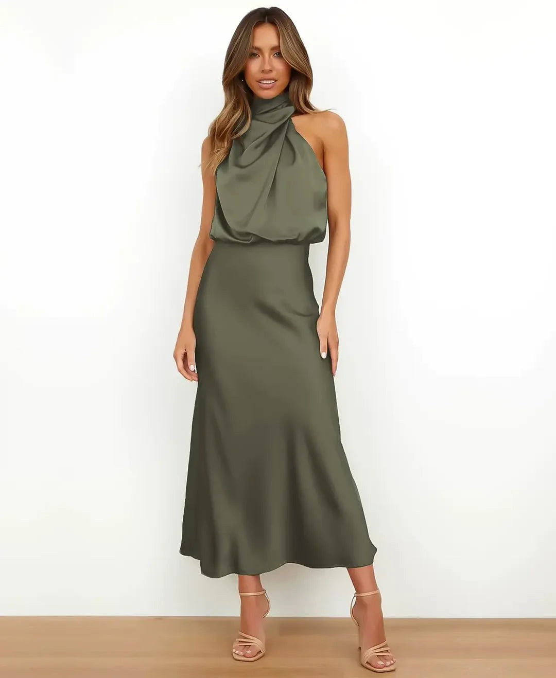 Brooke | Women's Sleeveless High-Neck Midi Dress - Pink