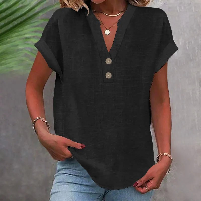 Brooke | Women's V-Neck Short Sleeve Linen Blouse - image 3