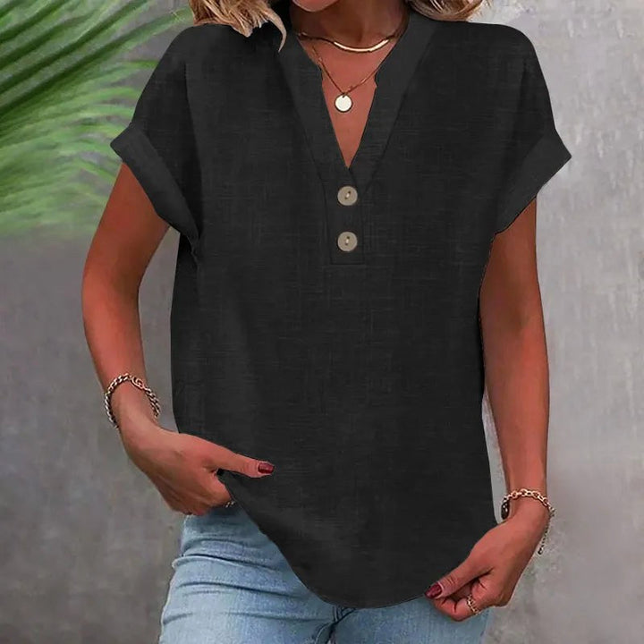 Brooke | Women's V-Neck Short Sleeve Linen Blouse - image 3