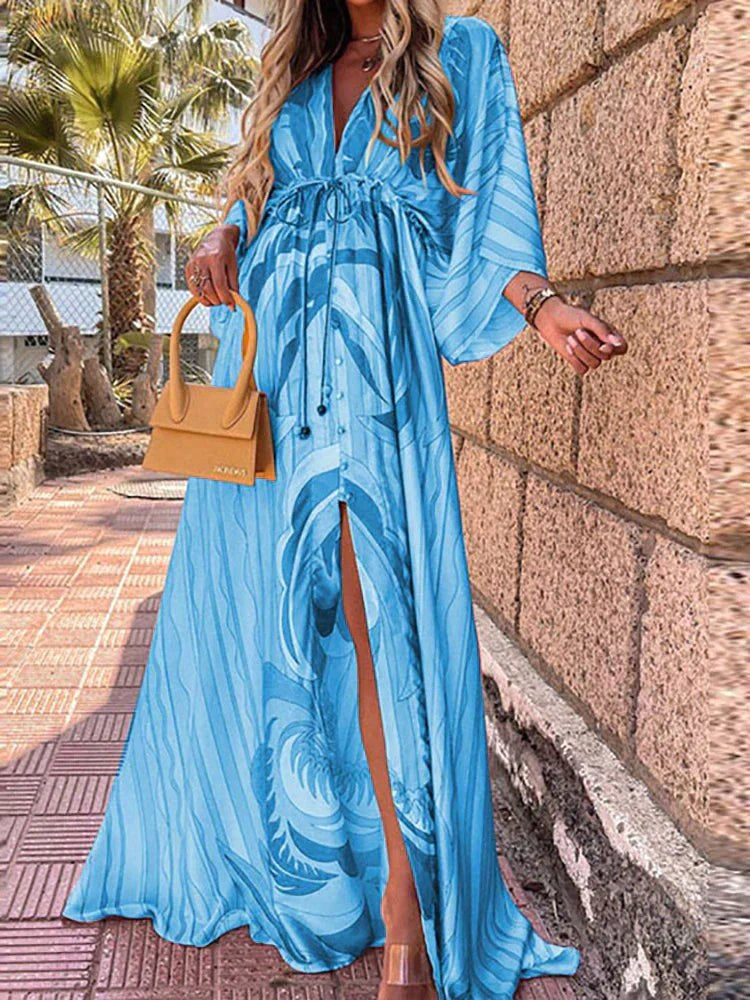 Cadence | Women's Long Loose Sleeve Maxi Dress - Blue