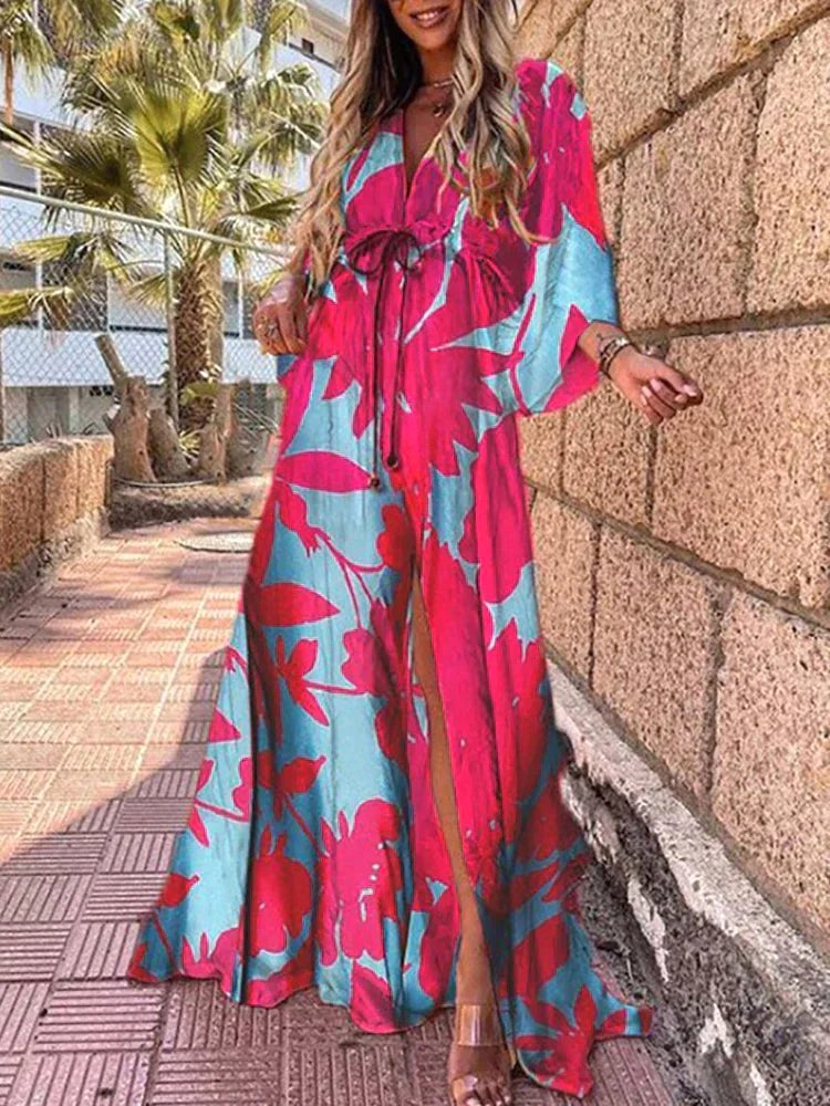 Cadence | Women's Long Loose Sleeve Maxi Dress - Blue-pink