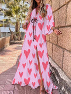 Cadence | Women's Long Loose Sleeve Maxi Dress - Pink Hearts