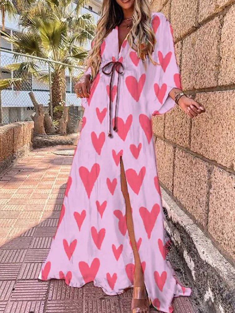 Cadence | Women's Long Loose Sleeve Maxi Dress - Pink Hearts