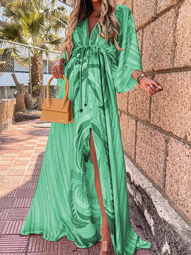 Cadence | Women's Long Loose Sleeve Maxi Dress - Green