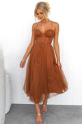 Cambria | Women's Tulle Midi Dress - Brown