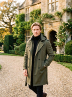 Cameron | Men's Hooded Mid-Length Trench Coat, Structured Autumn Coat | Animated Apparel | Olive Green
