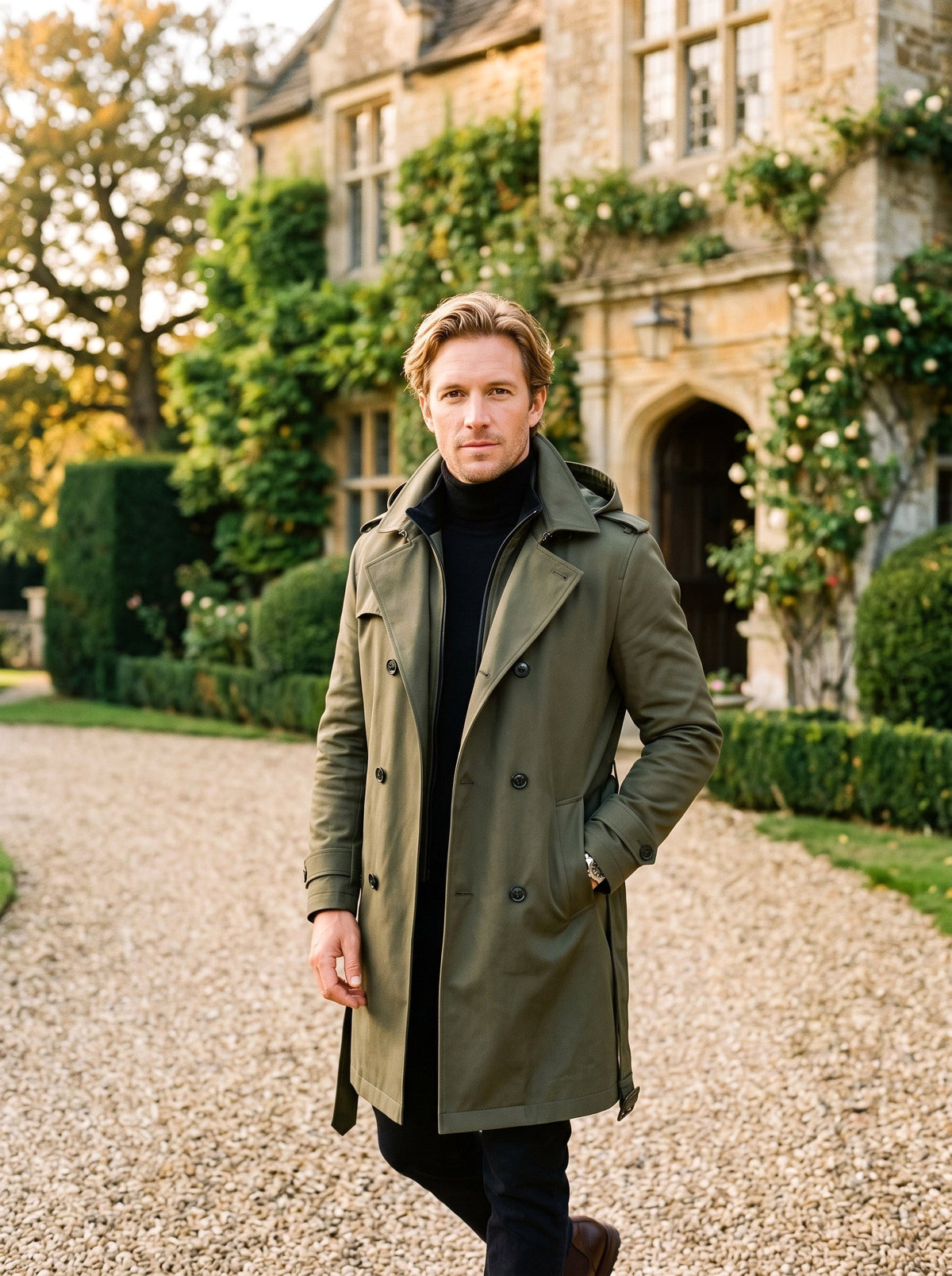 Cameron | Men's Hooded Mid-Length Trench Coat, Structured Autumn Coat | Animated Apparel | Olive Green