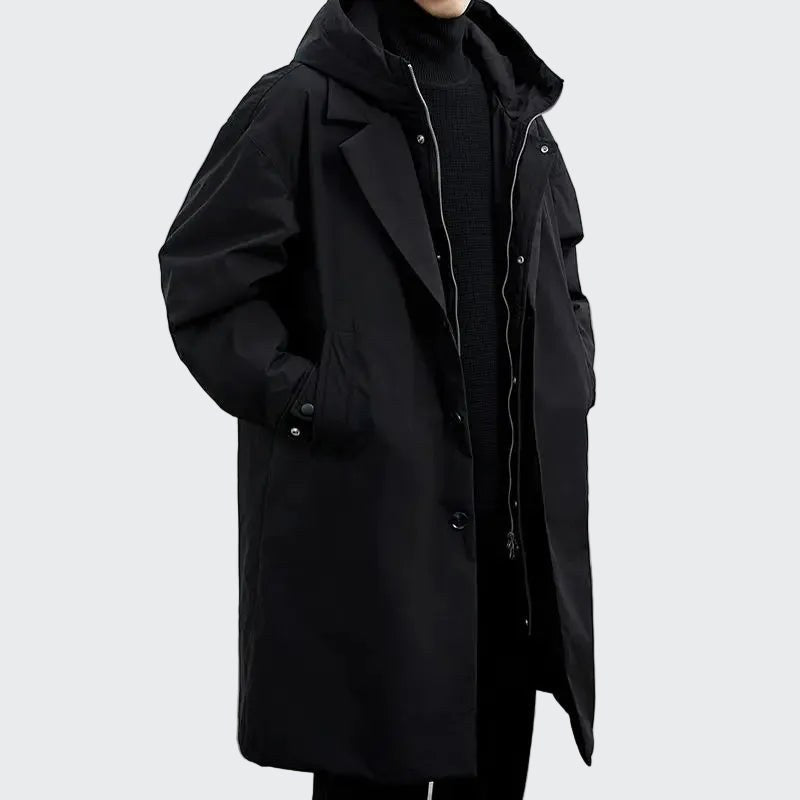 Cameron | Men's Hooded Mid-Length Trench Coat, Structured Autumn Coat | Animated Apparel | Onyx Black