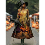 Camille | Women's Halloween Witch Print A-Line Maxi Dress, Long Sleeve Occasion Dress | Animated Apparel | Orange
